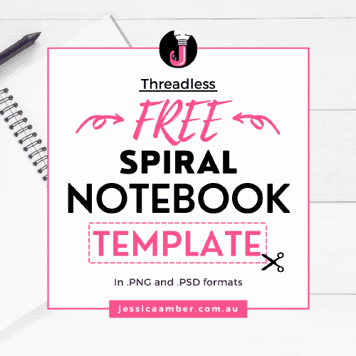 Blog card that says 'threadless free spiral notebook template, jessicaamber.com.au'